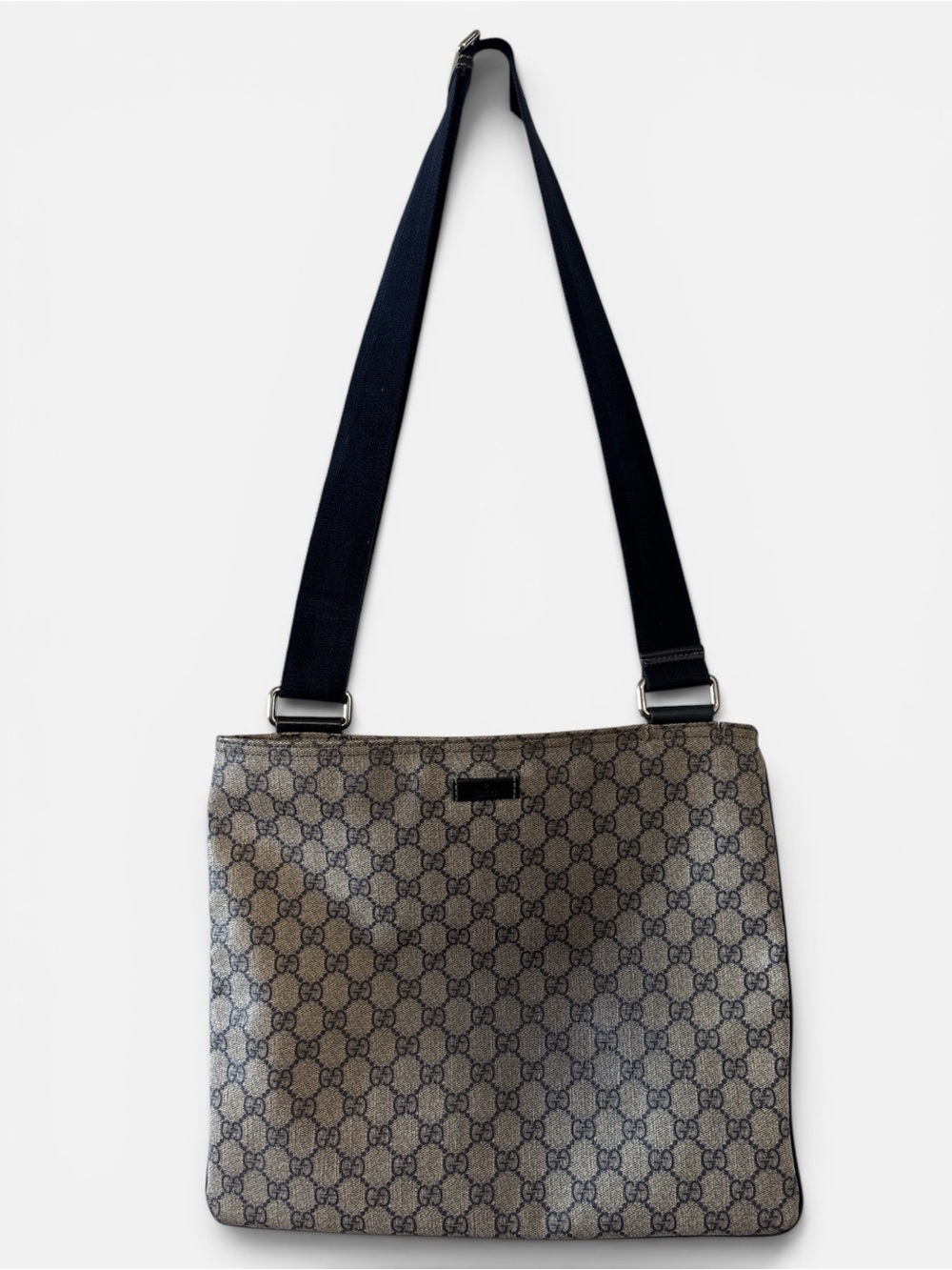Gucci grey and navy GG Monogram Canvas Crossbody Bag with Navy Strap